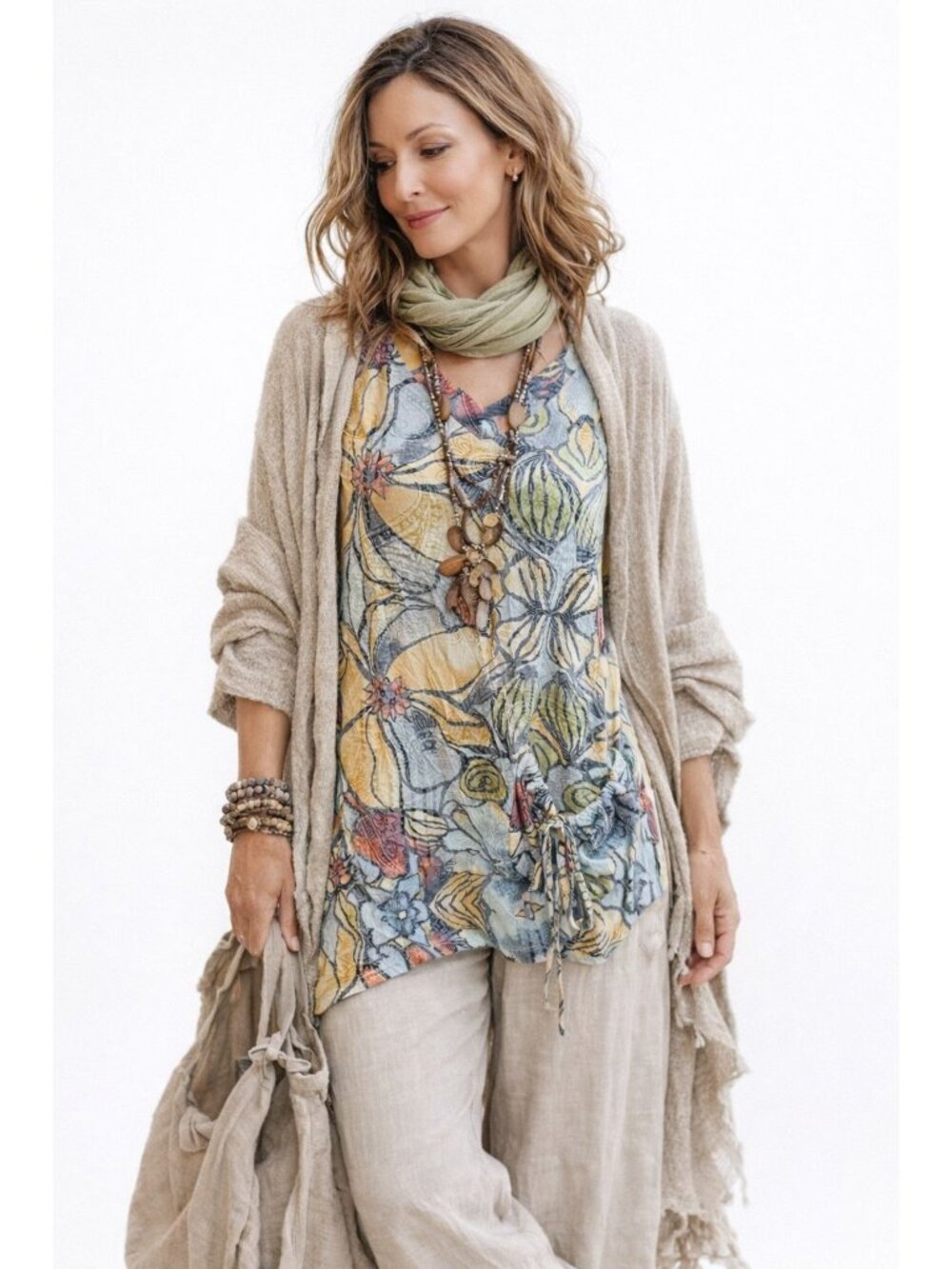 Ali Miles Floral Tunic Top Soft Multicolor Women M Asymmetrical Tie Front Artsy